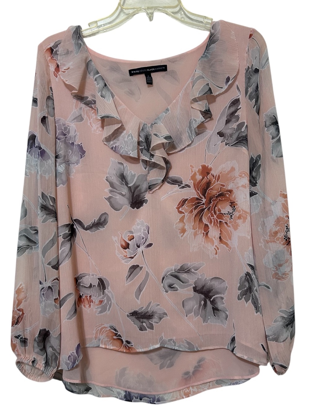 WHBM Size 8 Floral Sheer Chiffon Top Ruffle V-Neck Long Sleeve Blouse Pink